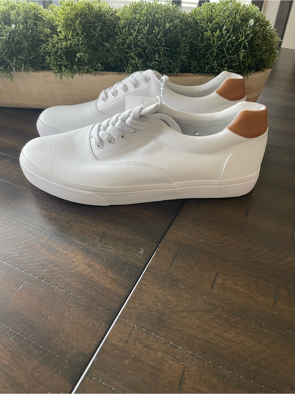 J. Crew White Canvas Lace-up Sneakers with Brown Heel Accent